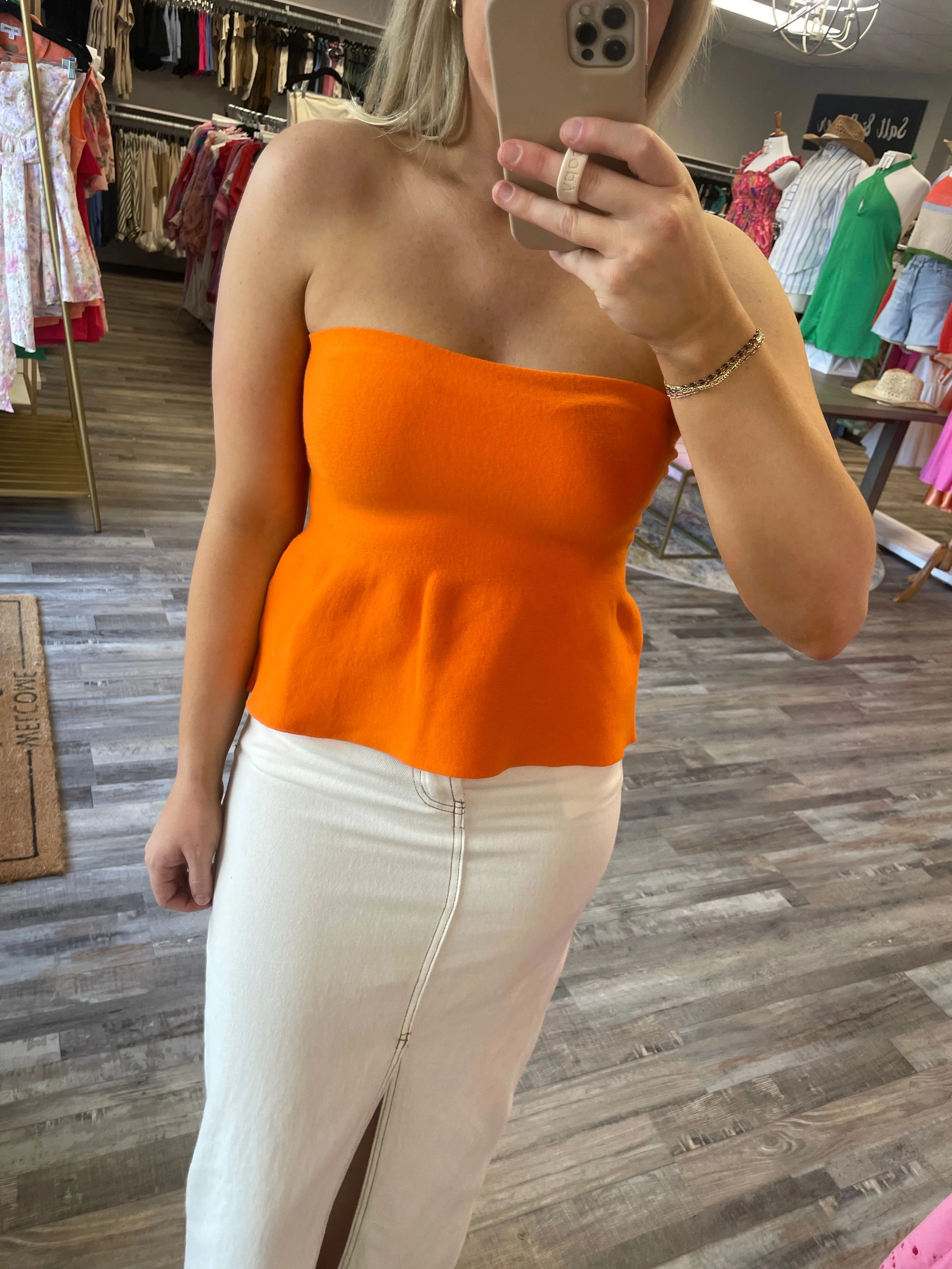 Strapless Knit Peplum Top - Orange