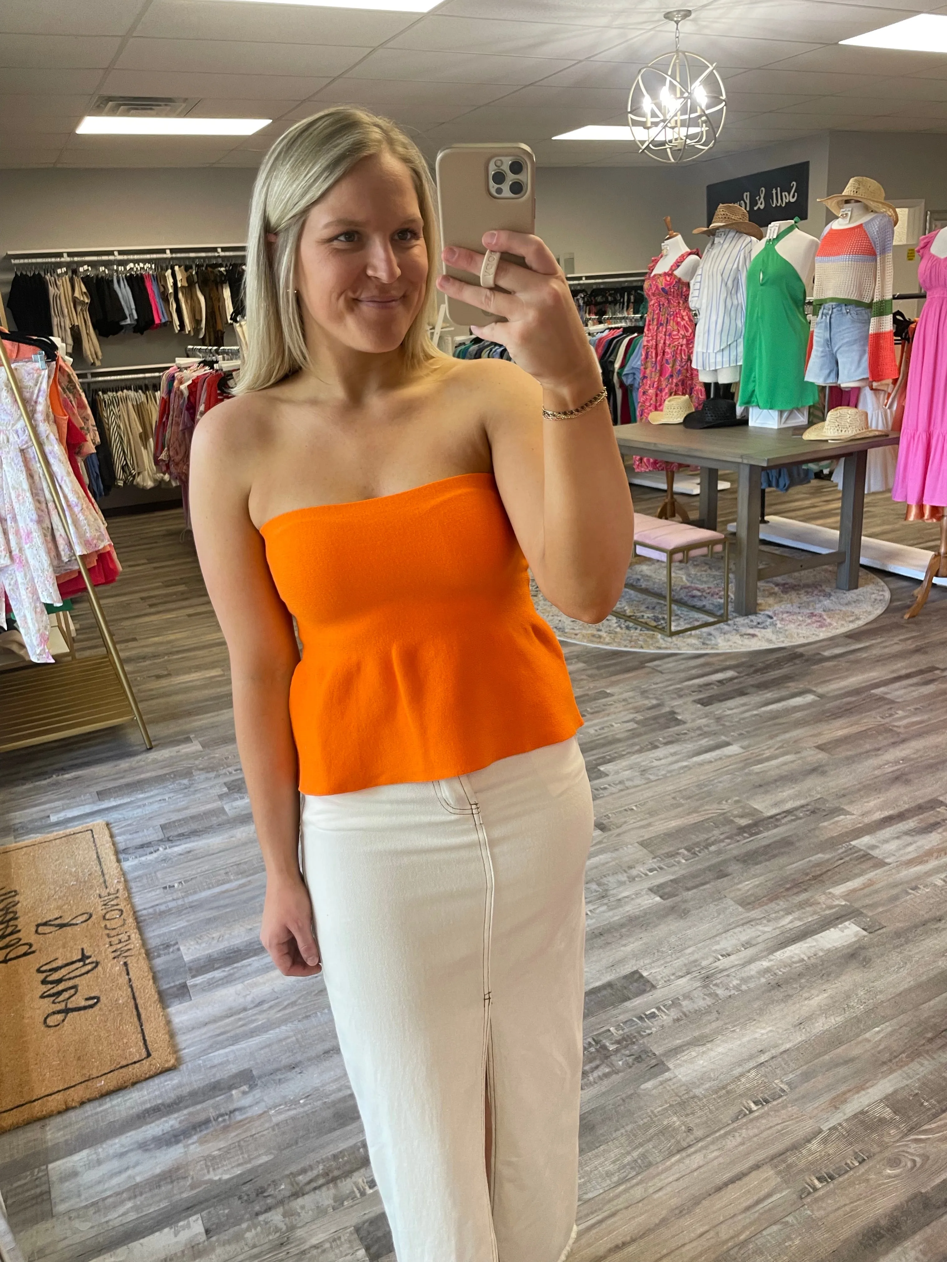 Strapless Knit Peplum Top - Orange