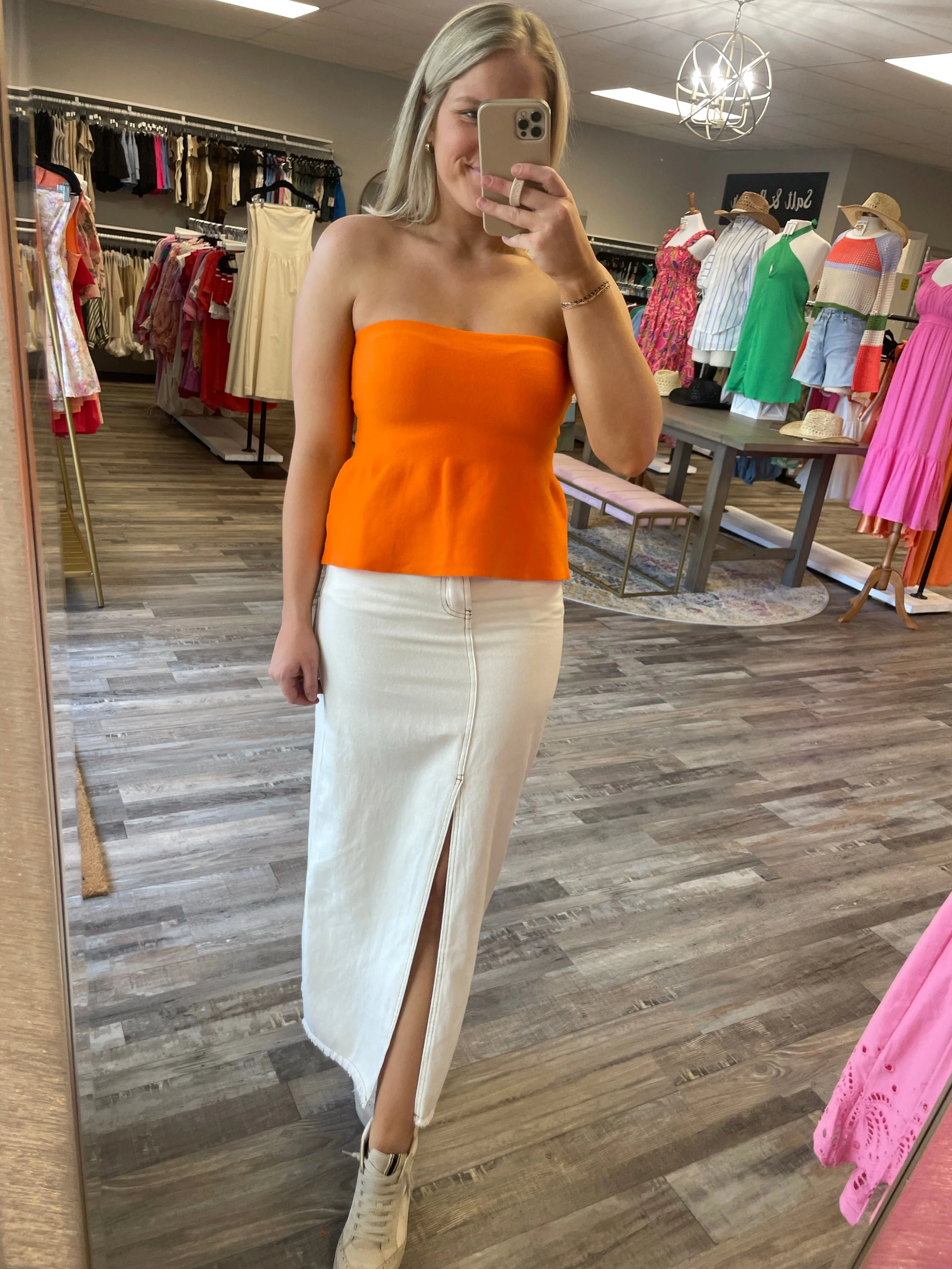 Strapless Knit Peplum Top - Orange