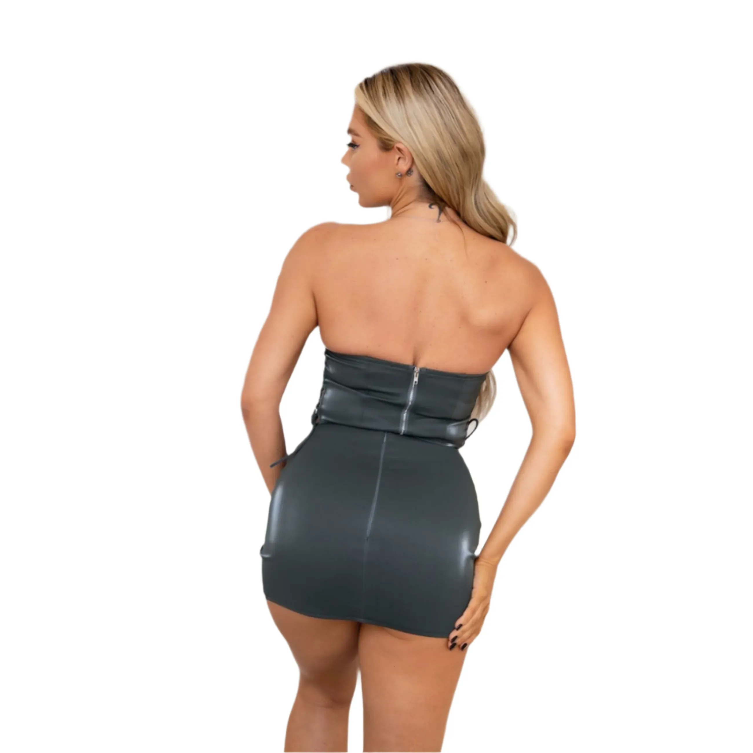 Tic Toc - "Luster" Two Piece Corset And Mini Skirt - Leather Lace Vegan