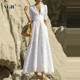 VGH Elegant Vintage White Hollow-Out Deep V-Neck High Waste Maxi Dress