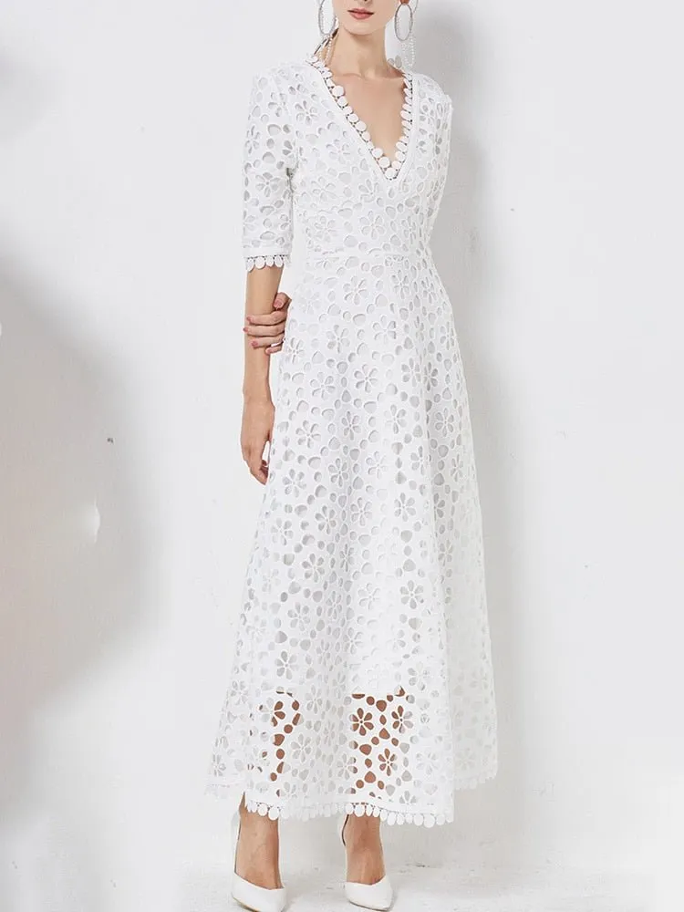 VGH Elegant Vintage White Hollow-Out Deep V-Neck High Waste Maxi Dress