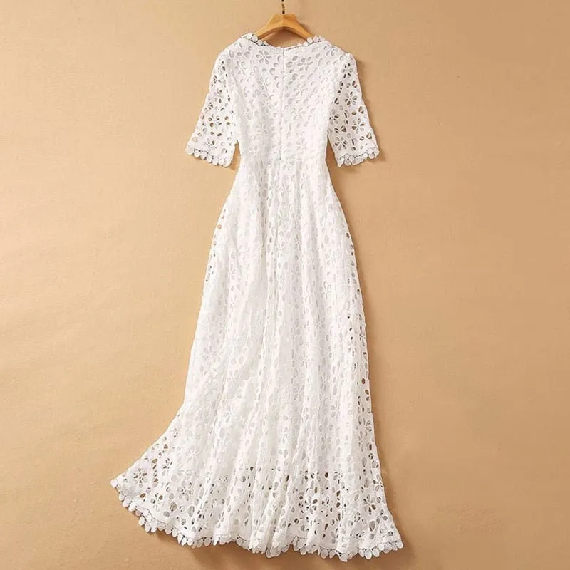 VGH Elegant Vintage White Hollow-Out Deep V-Neck High Waste Maxi Dress