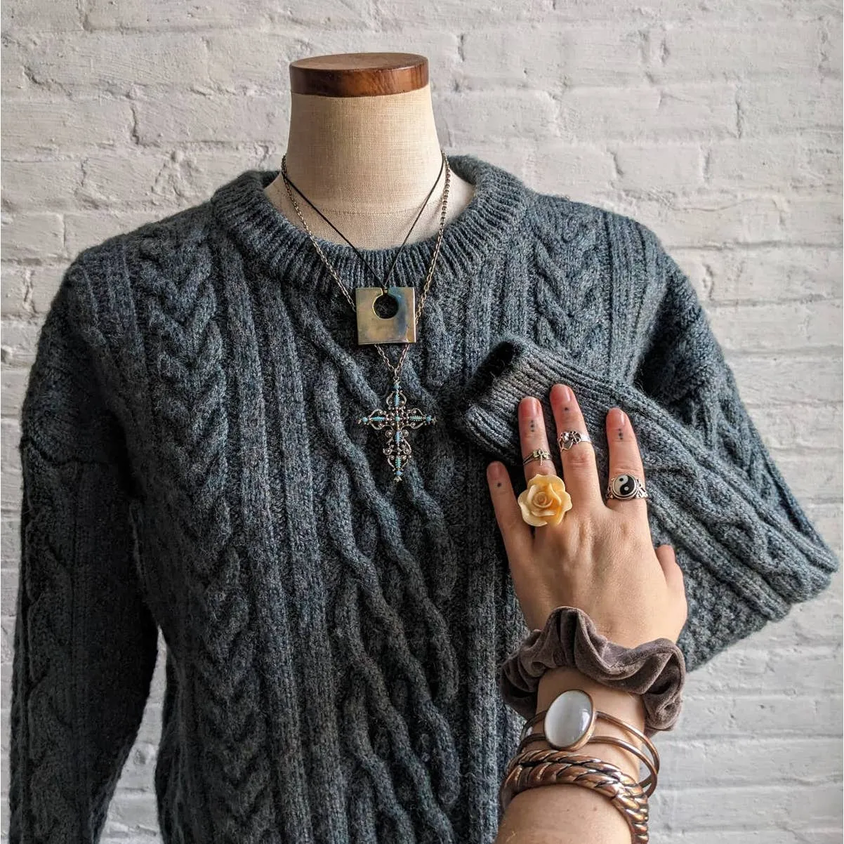 Vintage Chunky Cable Knit Wool Grandpa Sweater Minimalist Grunge Earthtone Top