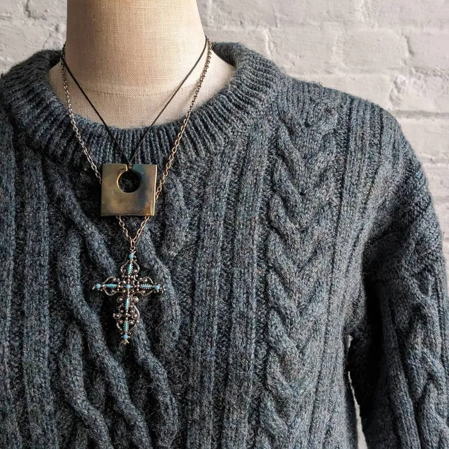 Vintage Chunky Cable Knit Wool Grandpa Sweater Minimalist Grunge Earthtone Top