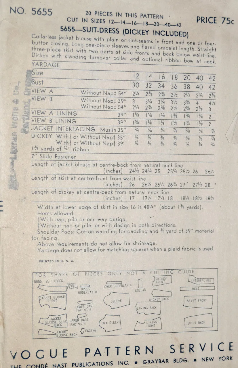 Vintage Vogue 5655 Skirt Jacket Dickey suit pattern UNCUT 34B