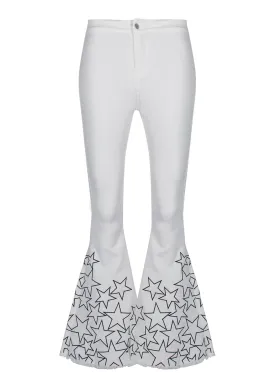 White High Waist Bell Bottom Flare Jeans with Star Embroidery