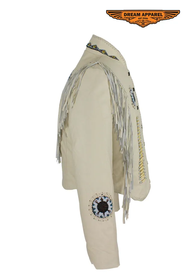 Women's Beige Leather Jacket With Beads, Studs, Bone & Fringe