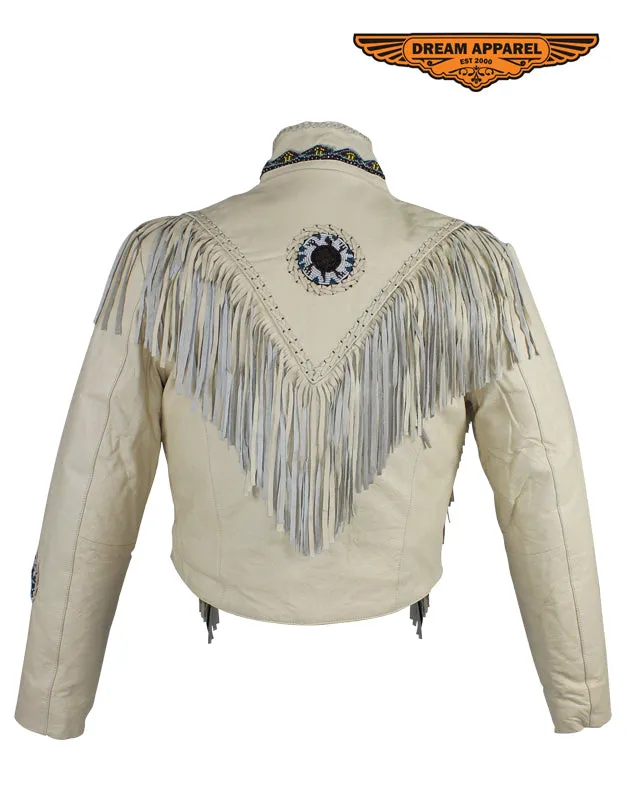 Women's Beige Leather Jacket With Beads, Studs, Bone & Fringe