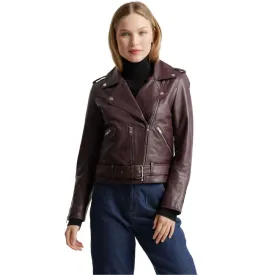 Womens Burgundy Leather Moto Jacket