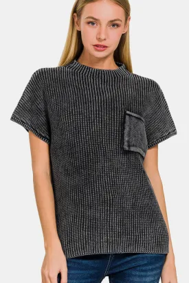 Women's Mock Neck Short Sleeve Pocketed Sweater