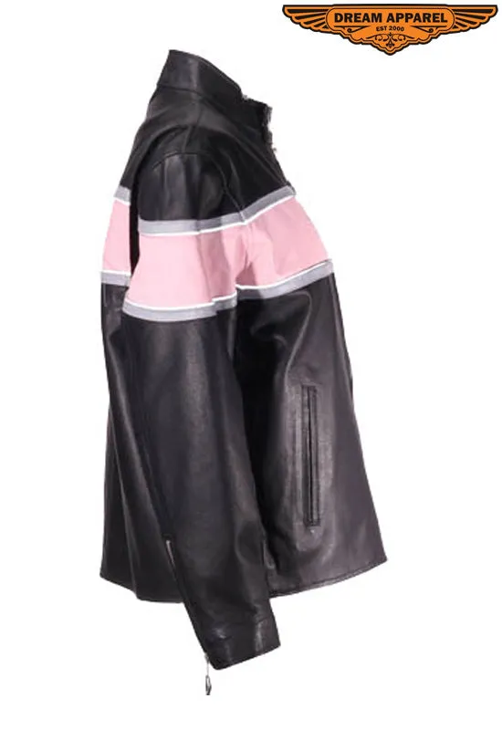 Womens Racer Jacket With Pink & Double Silver Stripes